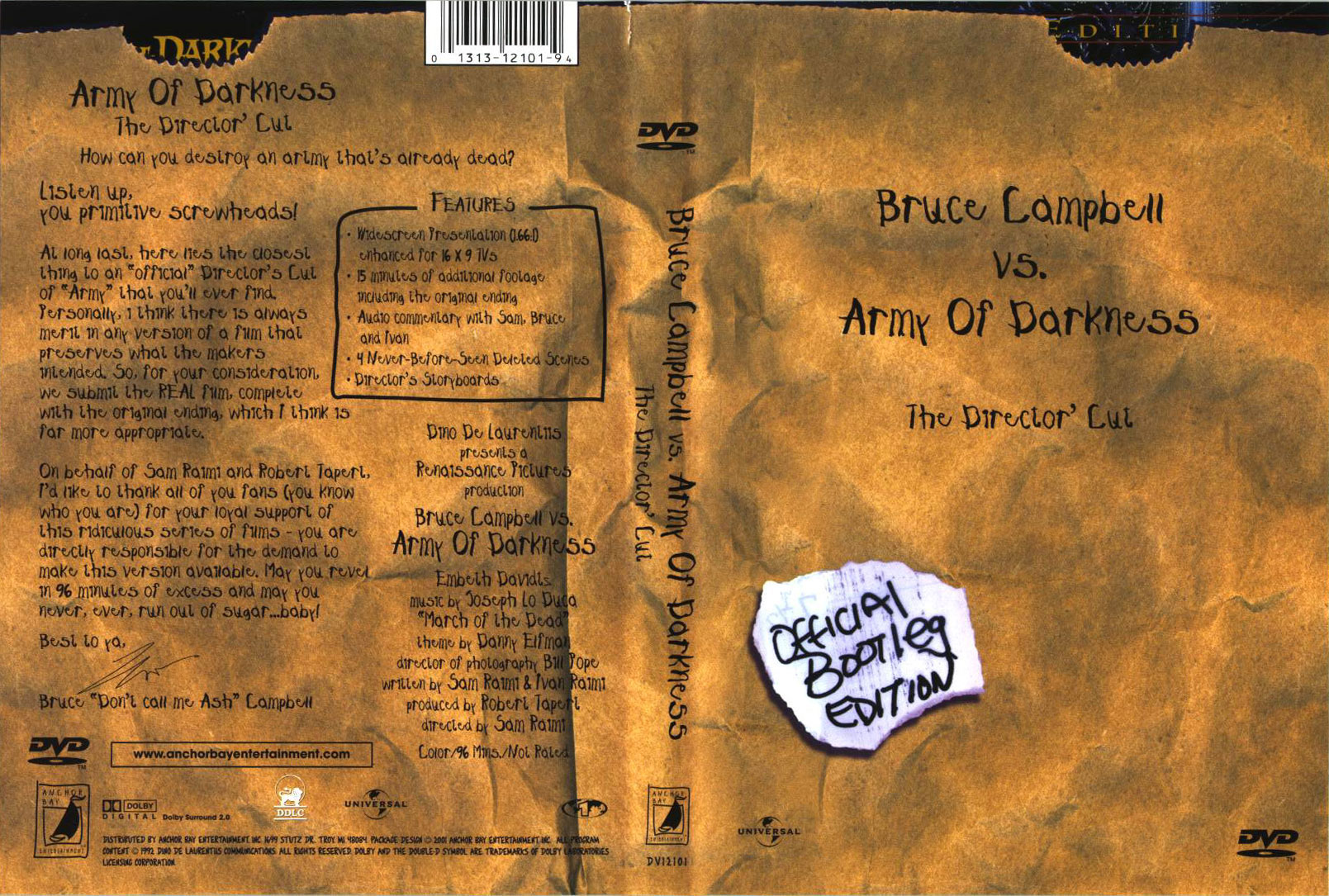Dvd Bruce Campbell Vs The Army Of Darkness The Director S Cut Official Bootleg Edition Region 1 Us Anchor Bay 2001 Army of darkness screwhead edition $5 halloween candy cash offer. dvd bruce campbell vs the army of